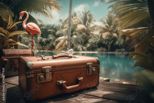 Get away to a tropical oasis with an airplane, suitcase, flamingo, and palm trees. Generative AI © Meliora