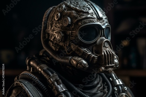 Gas-masked, leather-clad alien warrior. Generative AI