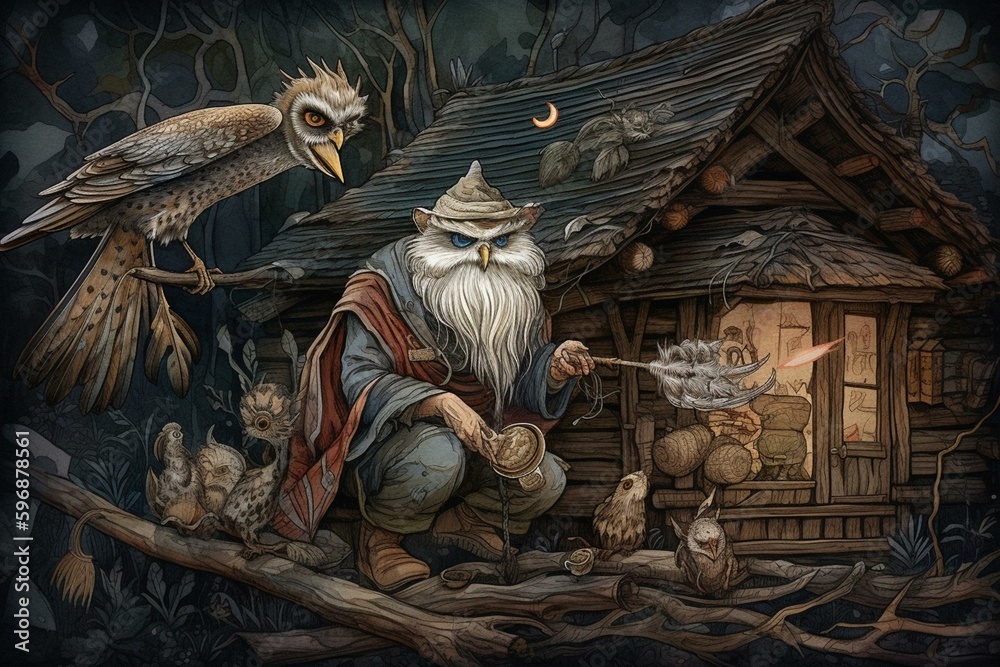 Watercolor illustration of Baba Yaga, the witch from Slavic folklore, living in a chicken leg hut, flying in a mortar, and covering tracks with a broom while surrounded by moon, owls,. Generative AI