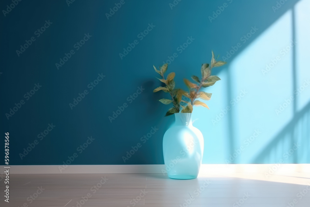 Light Blue Empty Wall, Vase With Plant And Wooden Floor With 