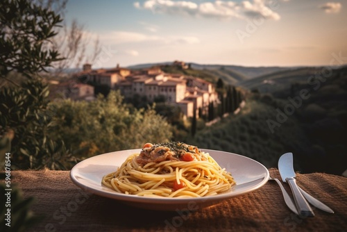 A scenic view of the Italian countryside with a plate of delicious pasta in the foreground. Generative AI