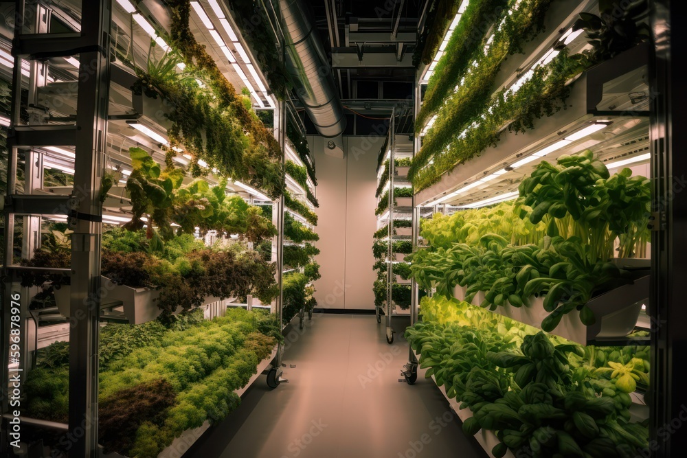 Vertical farming is sustainable agriculture for the food of the future. Greens and vegetables grown on a vertical farm.. generative AI
