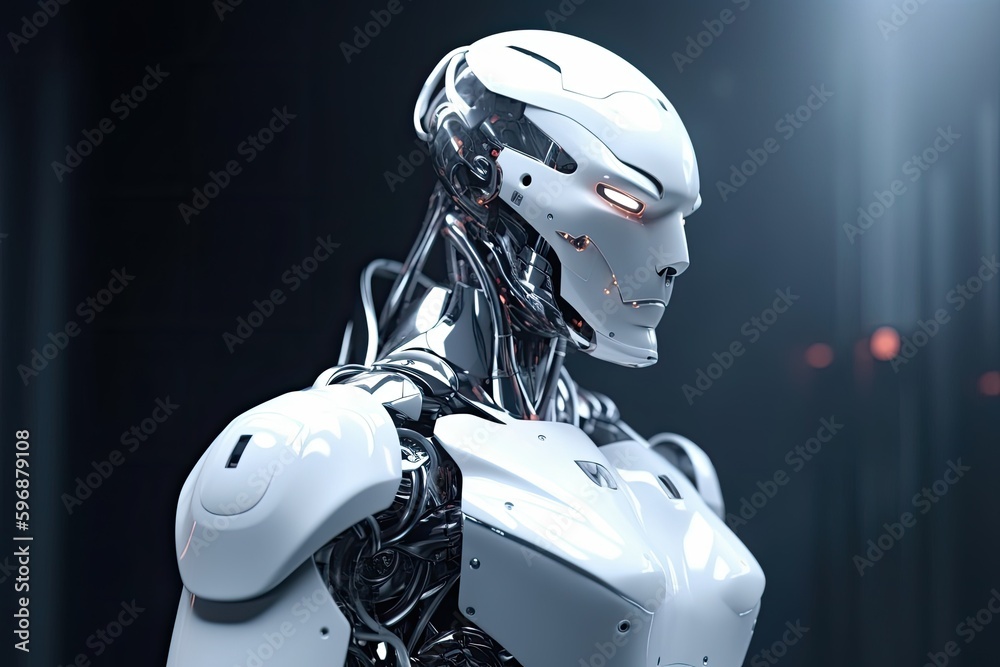 futuristic robot standing in a dimly lit room. Generative AI futuristic robot standing in a dimly lit room. Generative AI