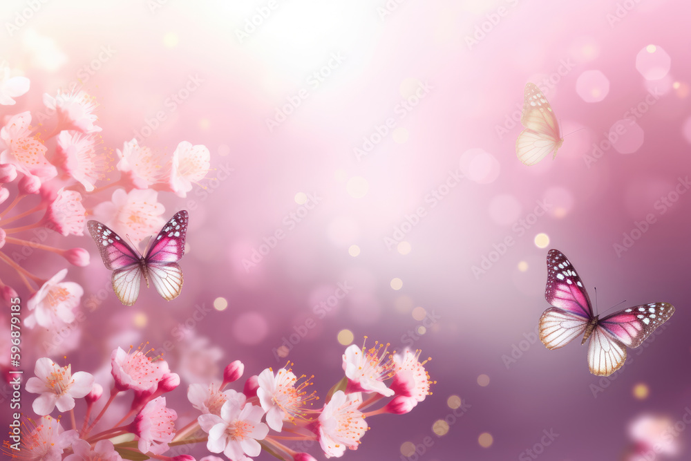 Beautiful gentle spring light background image in pink pastel colors with fluffy small flowers and a group of butterflies fluttering over flowers