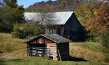 Agriculture in Appalachians has Barn and Log Cabin