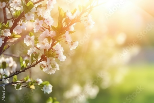 Beautiful blurred spring background image with branches of flowering myiosa in nature in the rays of sunlight outdoors