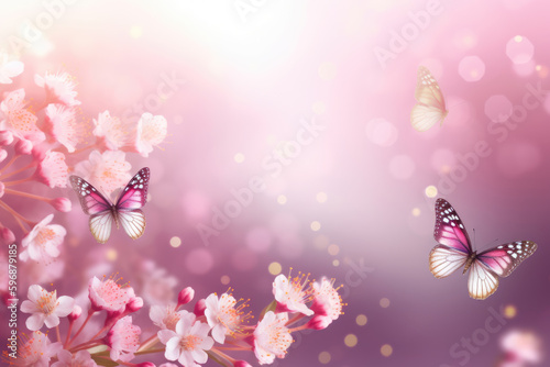 Obraz na płótnie Beautiful gentle spring light background image in pink pastel colors with fluffy small flowers and a group of butterflies fluttering over flowers w salonie