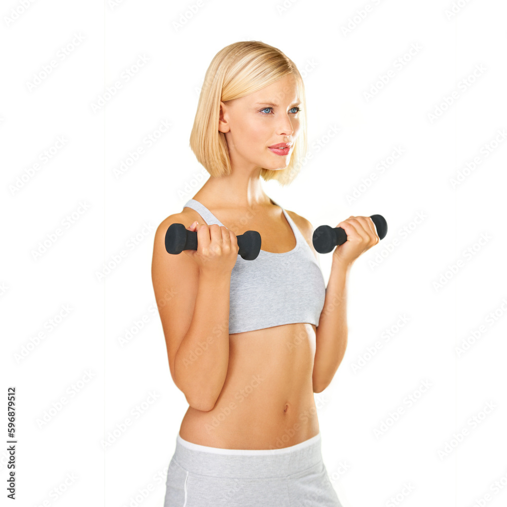 Fitness, dumbbell and exercise with a woman for a training workout for strong muscle. Sports female, athlete or bodybuilder isolated on png, transparent background for weight loss and body wellness Fitness, dumbbell and exercise with a woman for a training workout for strong muscle. Sports female, athlete or bodybuilder isolated on png, transparent background for weight loss and body wellness