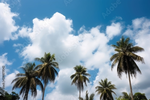 Beautiful natural tropical background with palm trees against a blue sky with clouds © Kateryna
