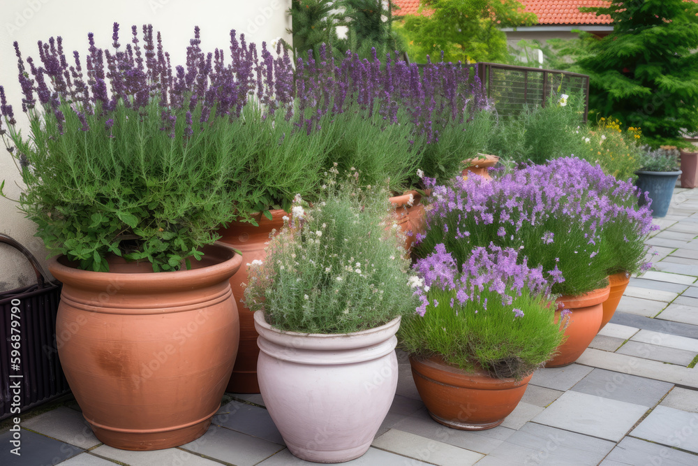 Beautiful pots with blooming purple lavender on the terrace of the house. Home plants. Floriculture 