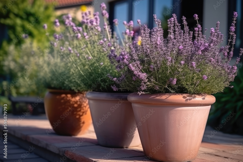 Beautiful pots with blooming purple lavender on the terrace of the house. Home plants. Floriculture  - obrazy, fototapety, plakaty 