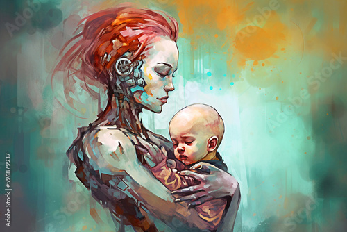 Digital painting of a cyberpunk mother with her newborn baby in her arms. Generative AI
