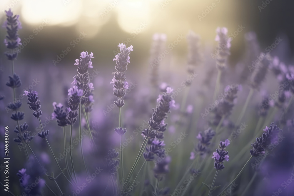 Obraz premium Beautiful blurry image of lavender flowers in nature with soft focus and atmospheric volumetric lighting