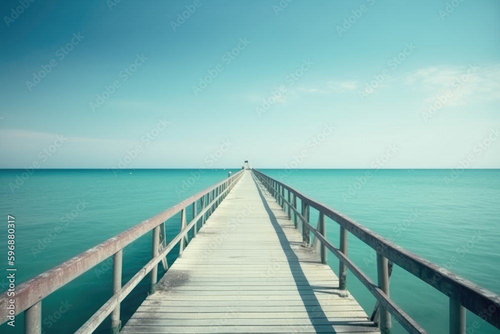 Beautiful landscape with bridge to pier. Color fusion of ocean and sky. Light ripples on amazingly clear water. Perspective receding into distance. Image fine vacation on summer. Relax and rest