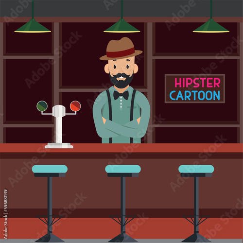 Happy hipster character cartoon with trendy hat on bar Vector