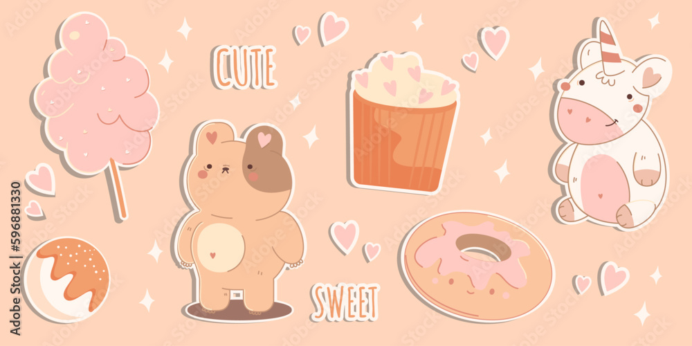 Cute stickers in a pastel concept on a beige background.Sweet kawaii bear,donut,cotton candy,unicorn.Vector Illustration Cute stickers in a pastel concept on a beige background.Sweet kawaii bear,donut,cotton candy,unicorn.Vector Illustration