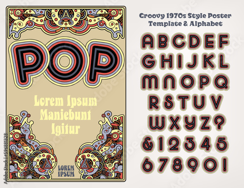 A poster template with included 1970s style pop-psychedelia alphabet.