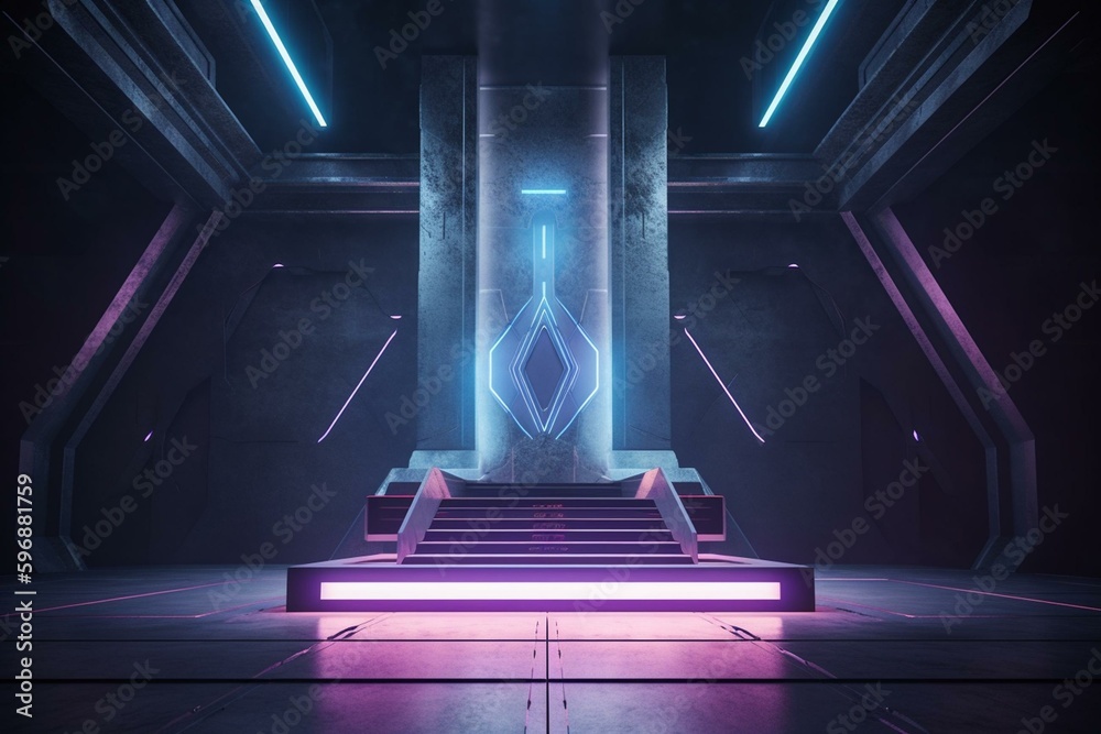 Virtual future stage with dark concrete podium and purple-blue laser beam tunnel. 3D rendering of a futuristic sci-fi show. Generative AI