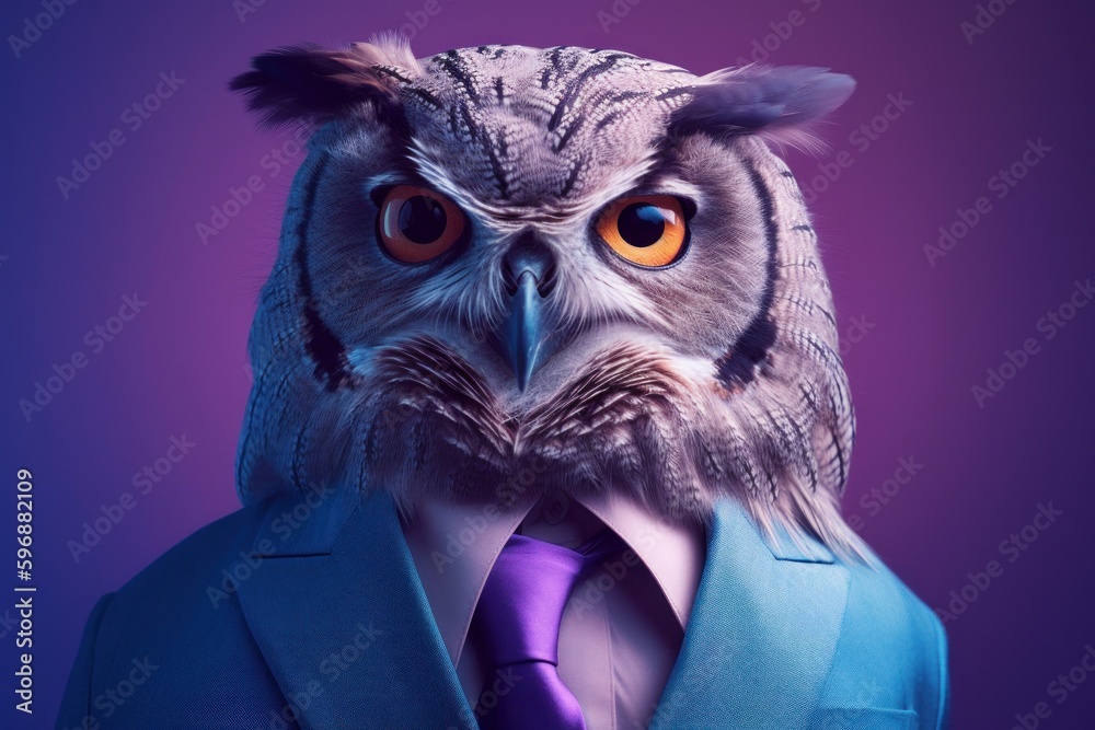 Anthropomorphic owl dressed in a suit like a businessman. Business Concept. AI generated, human enhanced Anthropomorphic owl dressed in a suit like a businessman. Business Concept. AI generated, human enhanced