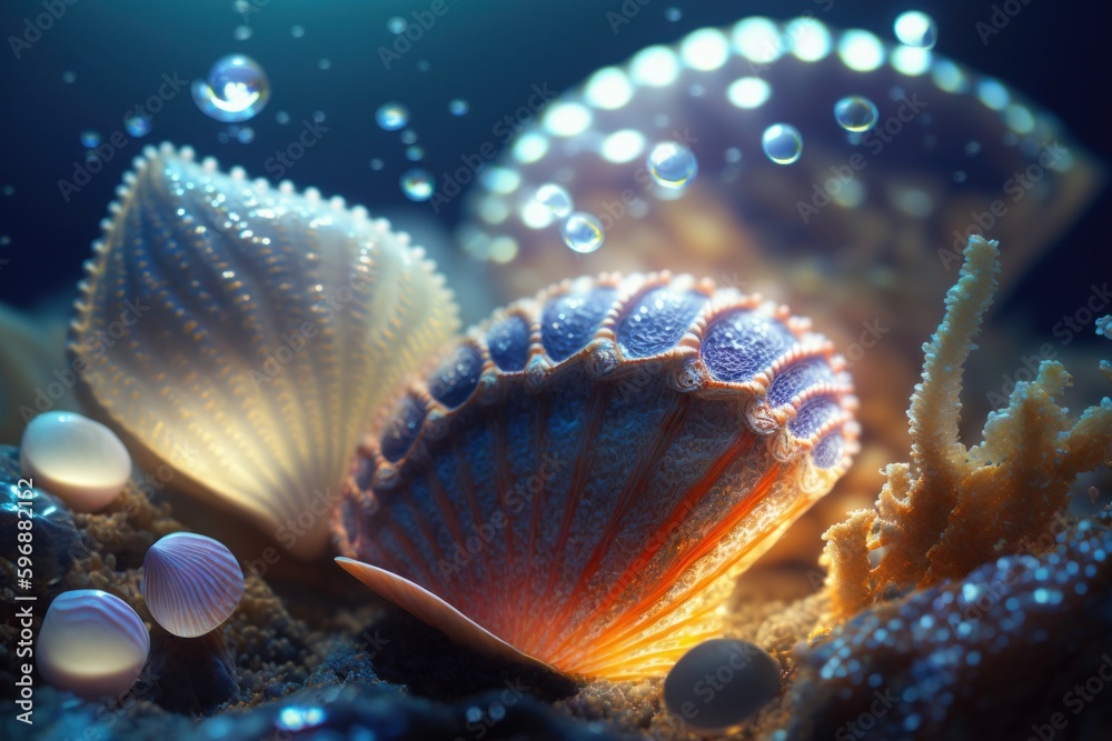 Close Up Of Seashells Underwater. AI generated, human enhanced. Close Up Of Seashells Underwater. AI generated, human enhanced.