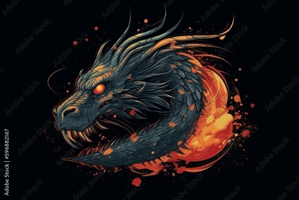 Dragon from fire on black background. Drawing style. Preparation for printing. AI generated, human enhanced Dragon from fire on black background. Drawing style. Preparation for printing. AI generated, human enhanced