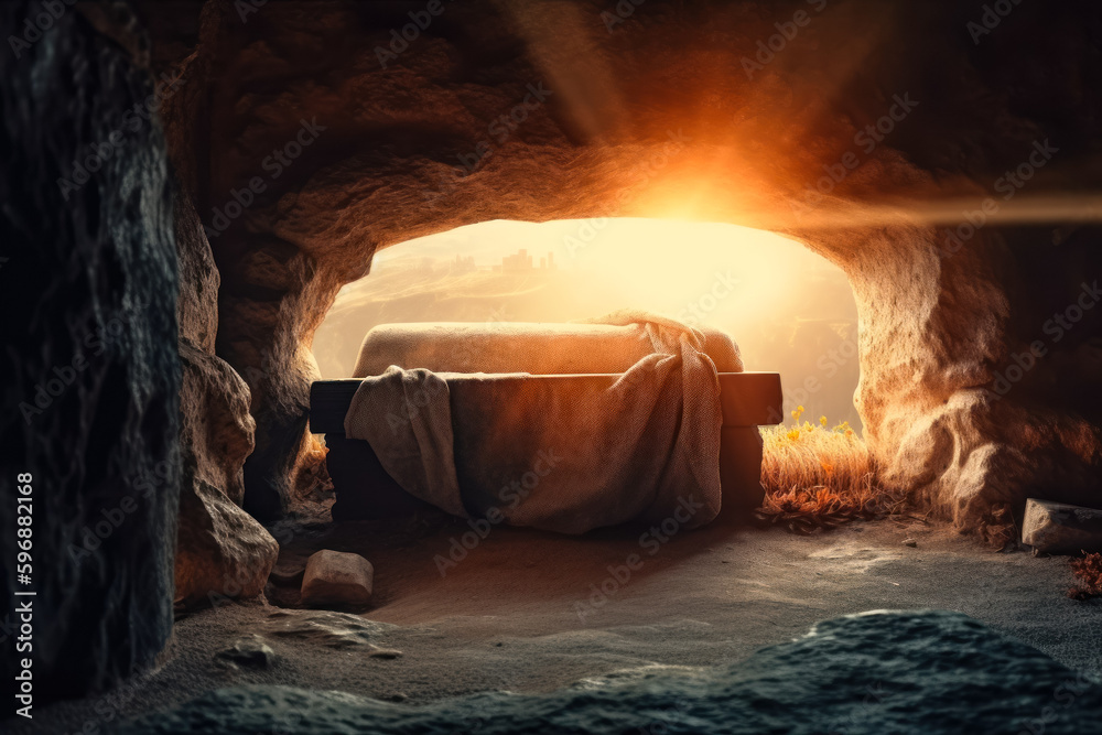 Tomb Empty With Shroud And Crucifixion At Sunrise. Resurrection Of ...