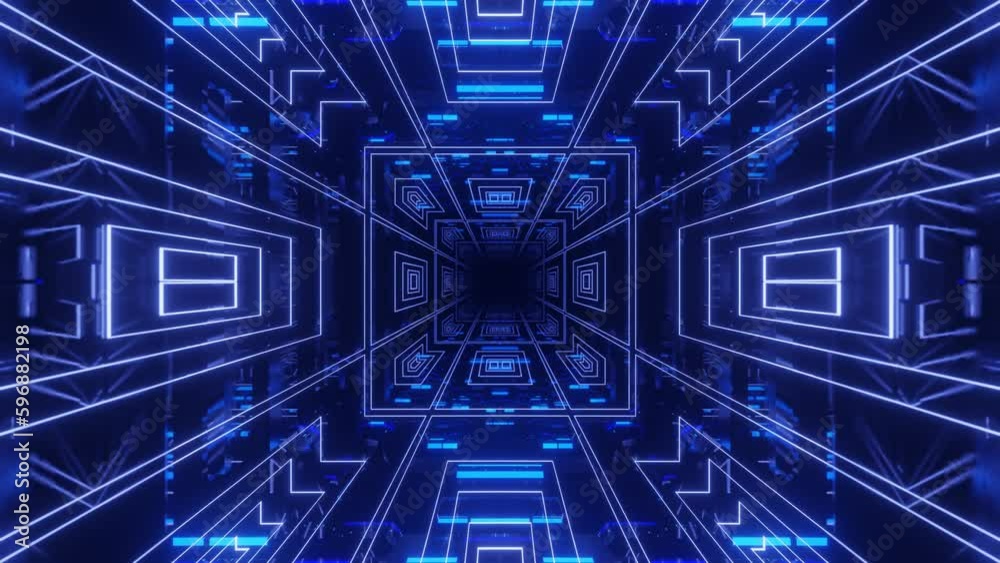 Glow sci fi symmetrical construction. Vj loop trendy neon tunnel. hi tech neon tunel. Sci-fi flight through cyberspace with symmetry. Video game or vj night club background with neon light.