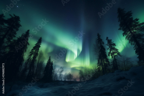 Northern lights  epic view of sky lights  green and blue landscape