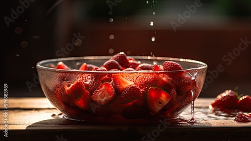 a bowl of fresh just washed strawberries with a red wall in the background, room for copy - Generative AI 