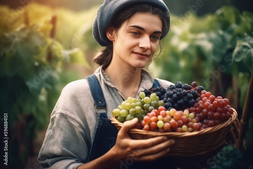 Harvesting, female farmer holds a basket against the background of a farm. AI generated, human enhanced.