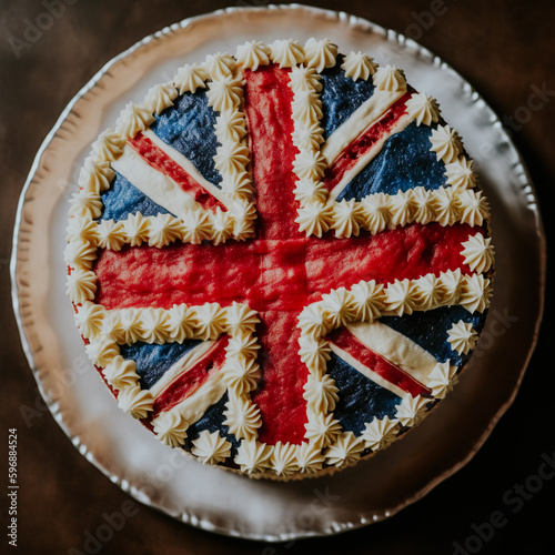 AI generated top down view of cakes bearing the British flag Union Jack.