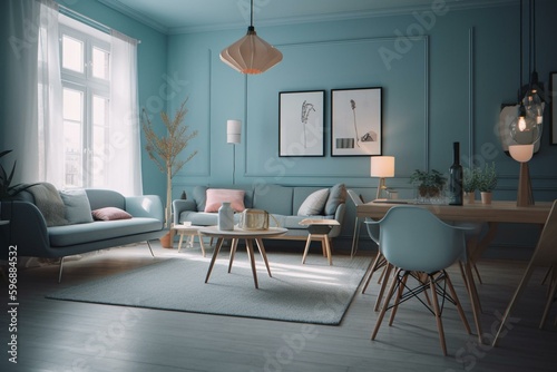A modern, pastel blue room designed for consultation hour with colorful accents. Generative AI