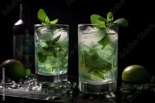 Summer refreshment: two minty mojitos over ice. Generative AI