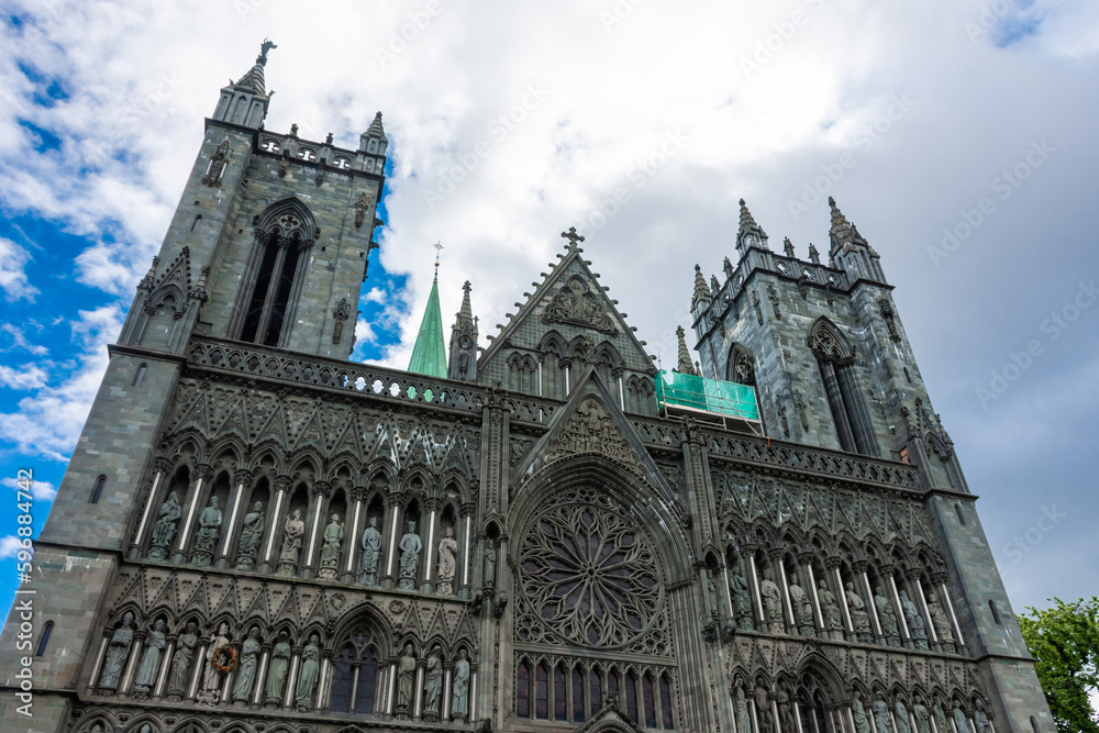 Facade of the gothic Nidaros Cathedral of Trondheim,  Norway