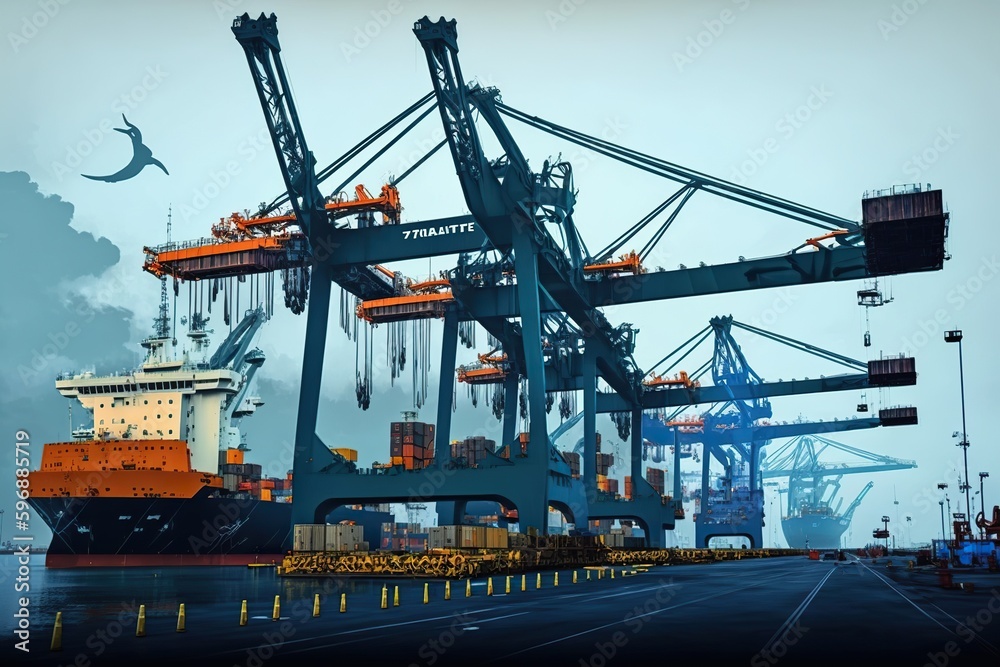 Stevedores cranes unload a merchant ship. Ai generated.
