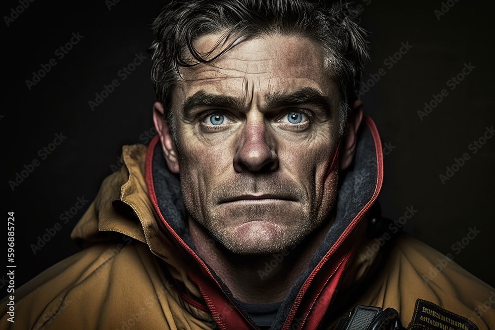 Studio portrait of a tough, hard-working man in a waterproof jacket. Ai generated. Studio portrait of a tough, hard-working man in a waterproof jacket. Ai generated.