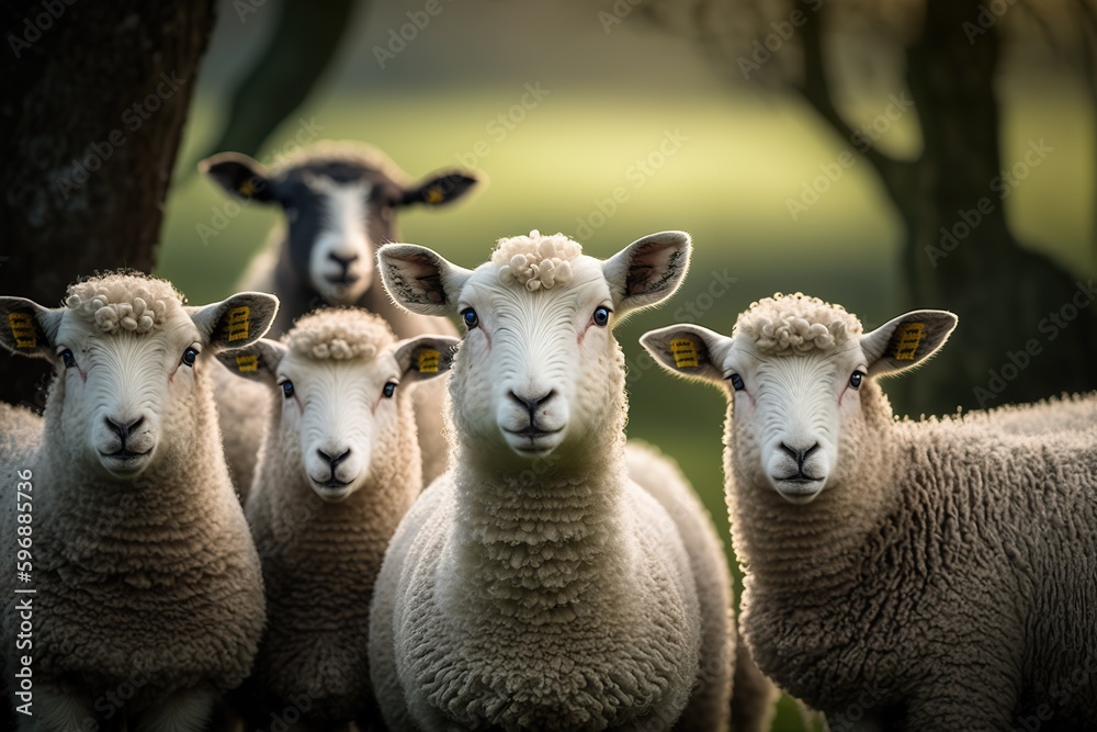 Fototapeta premium Several alerted sheep look towards the camera, adorable sheep. Ai generated.