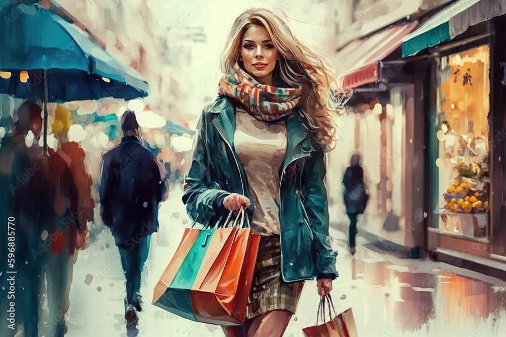Illustration of a woman walking with shopping bags on a sale day. Ai generated.