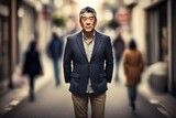 Japanese mature man, in a defocused street, posing to camera. Ai generated.