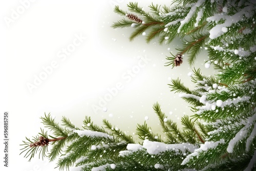Pine branches with snow, Christmas white background, isolated. Ai generated.