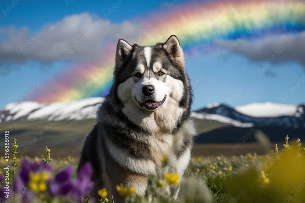 A majestic Alsakan purebred canine patiently awaits its next adventure amidst the vast expanse of a lush meadow. Ai generated.