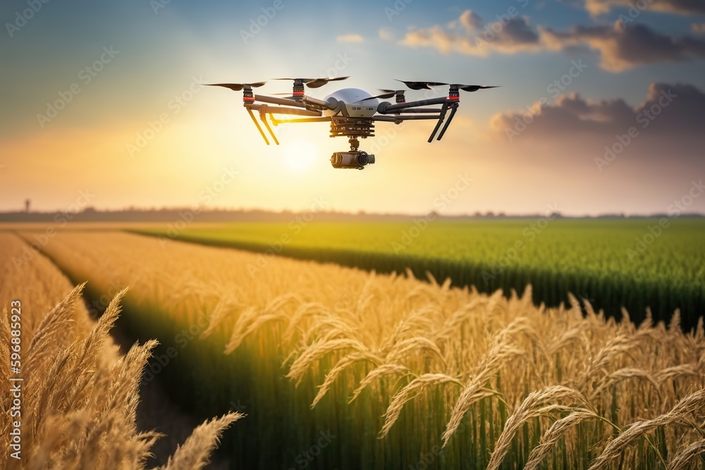 A drone flies over a crop, wide field, robotization of agriculture. Ai generated. A drone flies over a crop, wide field, robotization of agriculture. Ai generated.