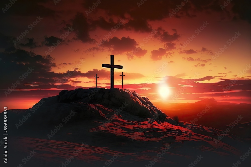 A dramatic sky over a hill with a Christian cross, symbol of the crucifixion of Christ. Ai generated. A dramatic sky over a hill with a Christian cross, symbol of the crucifixion of Christ. Ai generated.