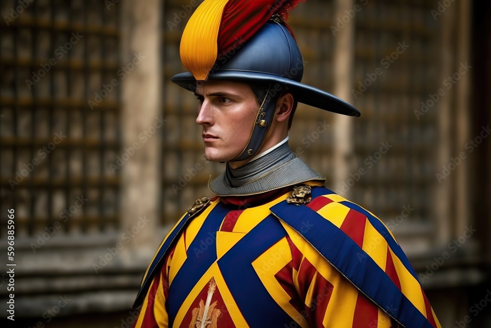 Young soldiers dressed as Swiss guards, medieval style. Ai generated. Young soldiers dressed as Swiss guards, medieval style. Ai generated.