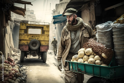 A trader in an impoverished city in the Middle East, with his cargo of food. Ai generated.