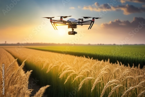 A drone flies over a crop  wide field  robotization of agriculture. Ai generated.