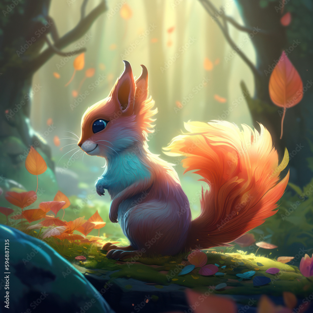 Cartoon Squirrel in a magical forest