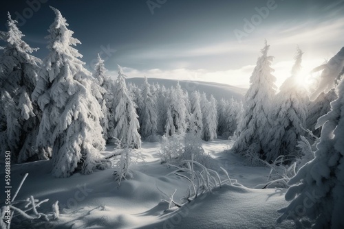 Postcard with snowy winter scenery featuring trees and mountains. Generative AI © Astraea