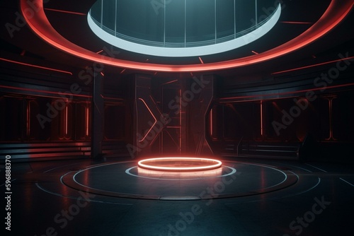 A vacant, dimly lit, sci-fi hall with a round neon light reflecting on the surface. Created by computer. Generative AI