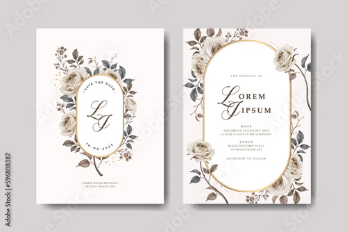 Elegant wedding invitation card with wedding rings and beautiful floral